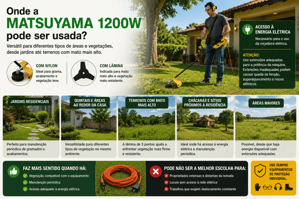 Roçadeira elétrica Matsuyama 1200W em jardim residencial com exemplos de uso em quintais, terrenos e chácaras