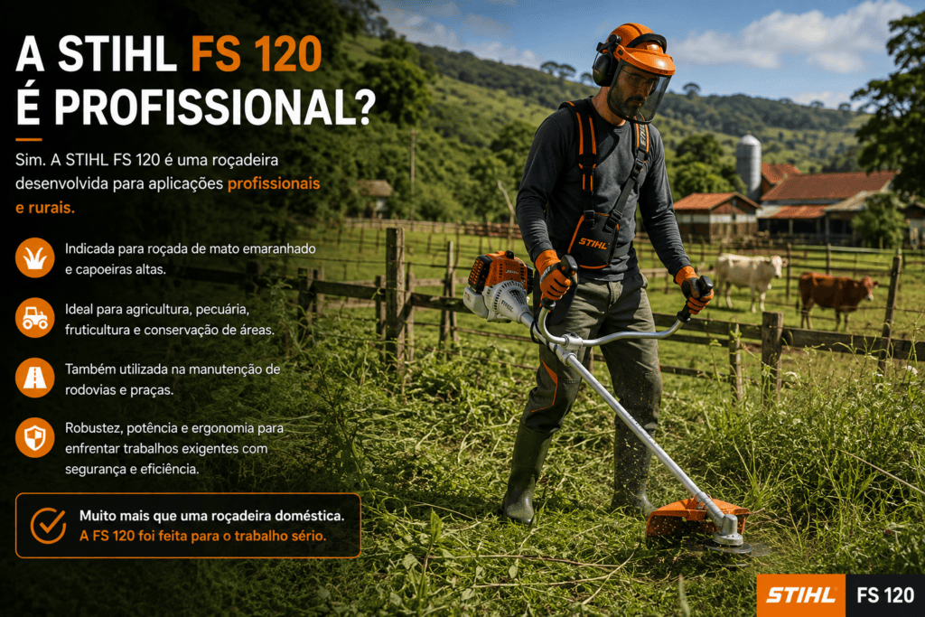 Operador usando a roçadeira STIHL FS 120 em uma fazenda, com destaque para aplicações profissionais em áreas rurais e vegetação densa.