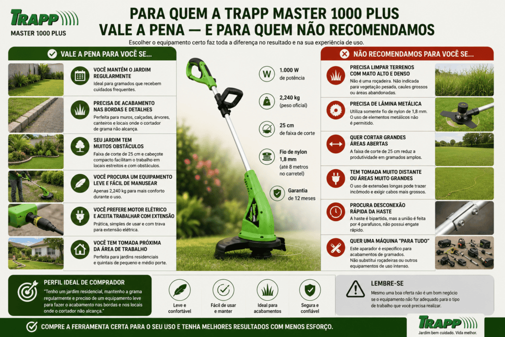 Infográfico da TRAPP Master 1000 Plus comparando o perfil de uso recomendado e as situações em que o aparador não é indicado.