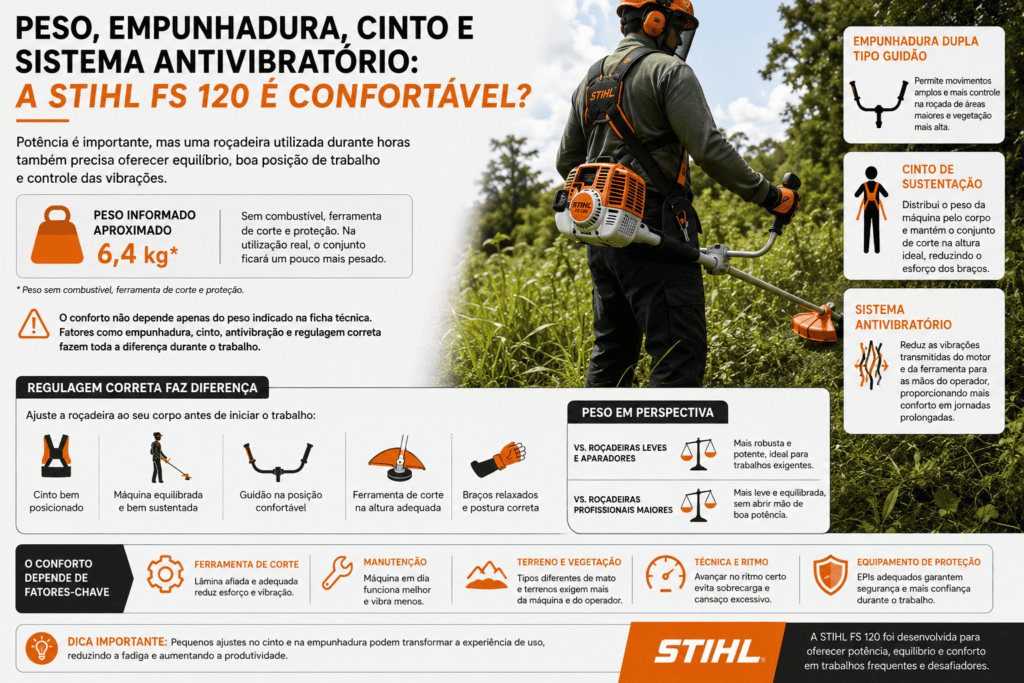 Infográfico da STIHL FS 120 destacando peso aproximado de 6,4 kg, empunhadura dupla, cinto de sustentação e sistema antivibratório.