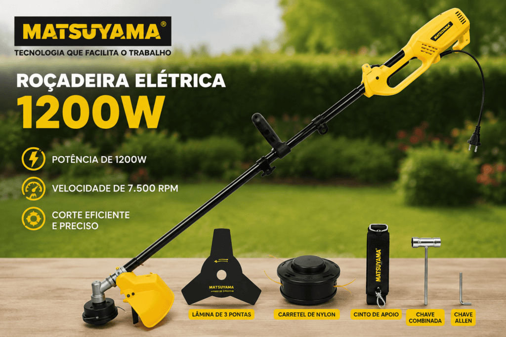 Roçadeira elétrica Matsuyama 1200W com lâmina de 3 pontas e carretel de nylon