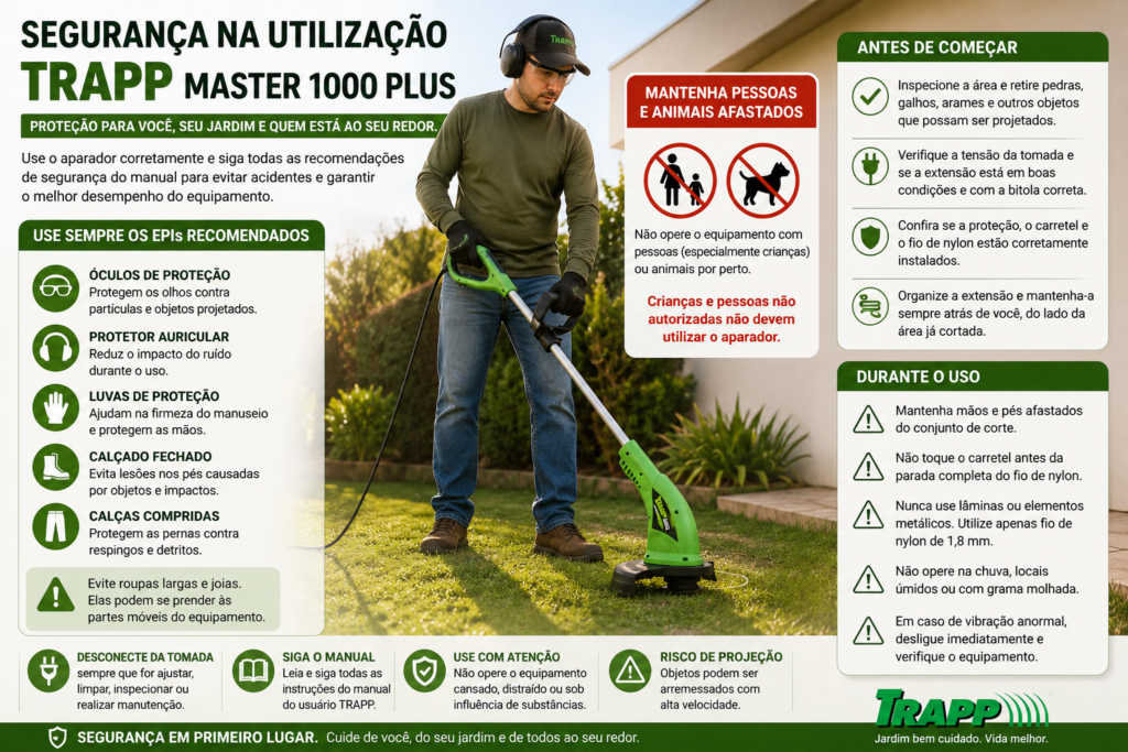 Infográfico de segurança mostrando operador usando a TRAPP Master 1000 Plus com óculos, protetor auricular, luvas, calçado fechado e calças compridas, além de cuidados com pessoas, animais e extensão elétrica.