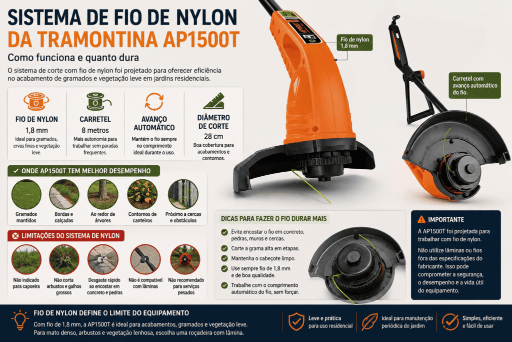 Sistema de fio de nylon da Tramontina AP1500T com carretel de 8 metros, fio de 1,8 mm, avanço automático e corte de 28 cm.