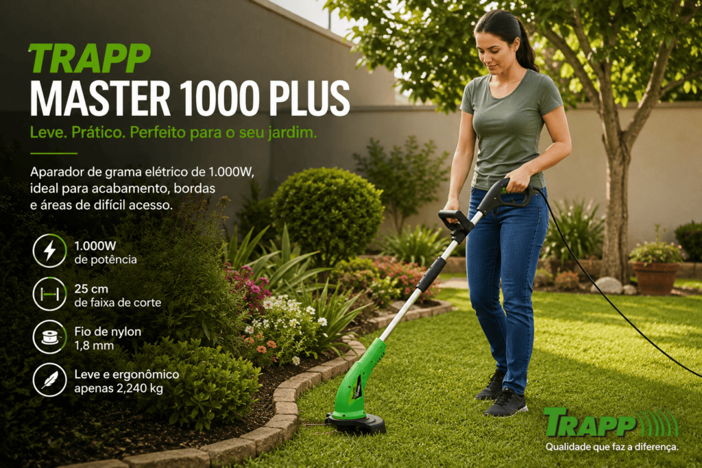 Mulher usando o aparador de grama elétrico TRAPP Master 1000 Plus 1000W para acabamento das bordas de um jardim residencial.