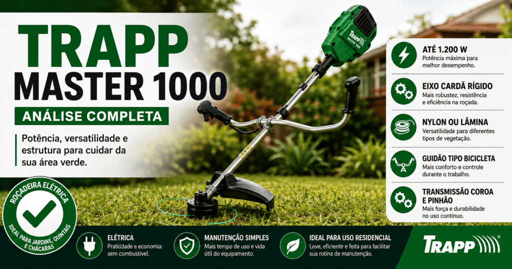 Roçadeira elétrica TRAPP Master 1000 com eixo rígido, guidão tipo bicicleta e sistema de corte com nylon