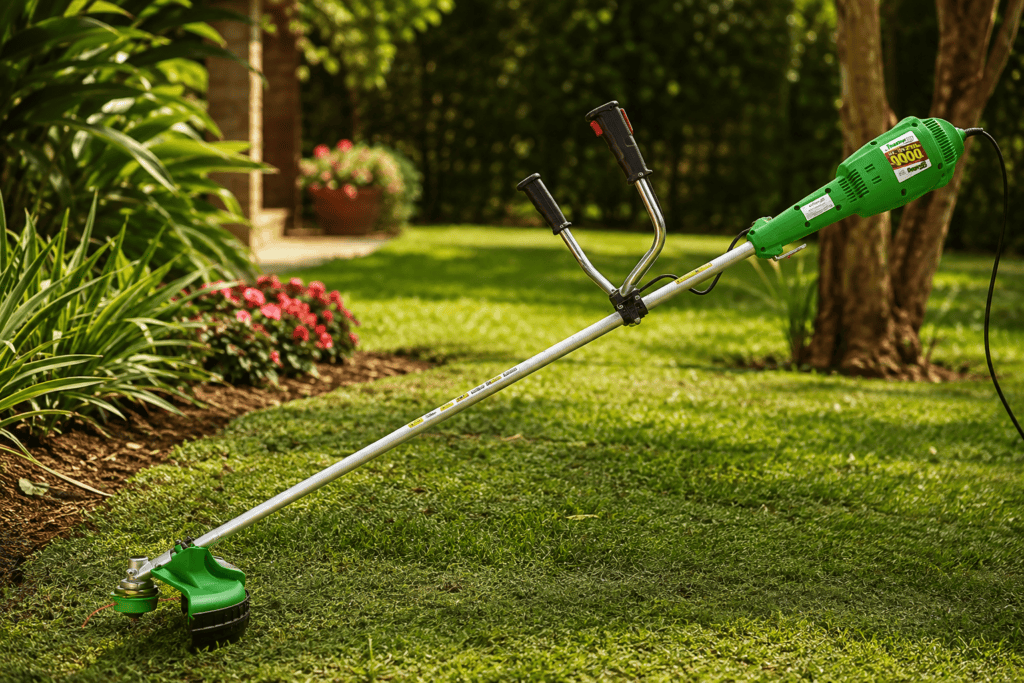 Roçadeira elétrica TRAPP Master 1000 em jardim residencial com gramado
