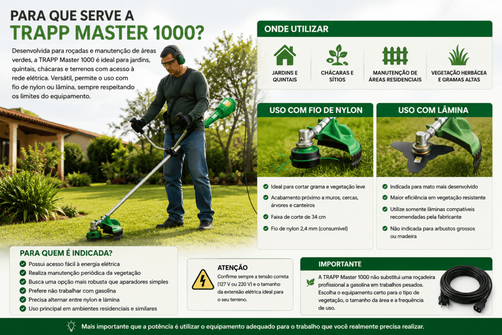 TRAPP Master 1000 em uso no jardim, com fio de nylon e lâmina para diferentes tipos de vegetação