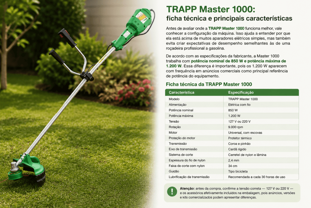 Roçadeira elétrica TRAPP Master 1000 com ficha técnica de potência, rotação, eixo rígido e sistema de corte