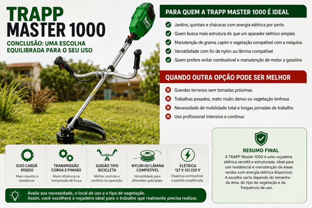 TRAPP Master 1000 com resumo das vantagens, indicações e limitações da roçadeira elétrica