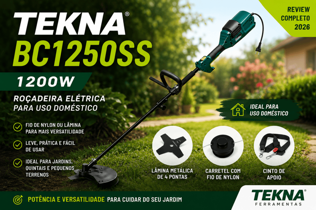 Roçadeira elétrica Tekna BC1250SS 1200W com lâmina metálica, carretel de nylon e cinto de apoio