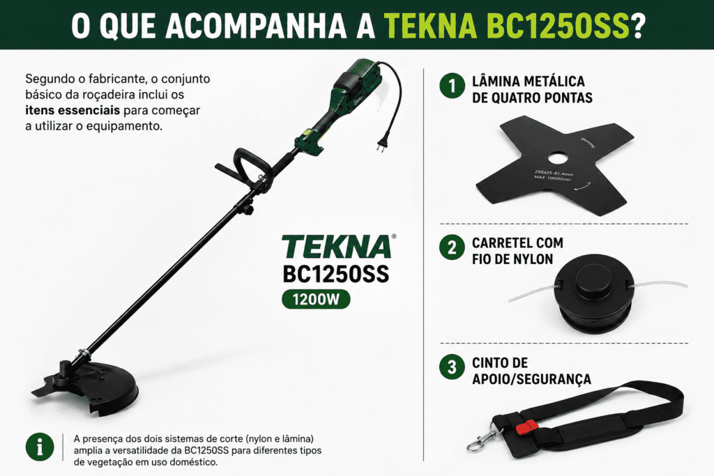Tekna BC1250SS 1200W com lâmina metálica de quatro pontas, carretel com fio de nylon e cinto de apoio