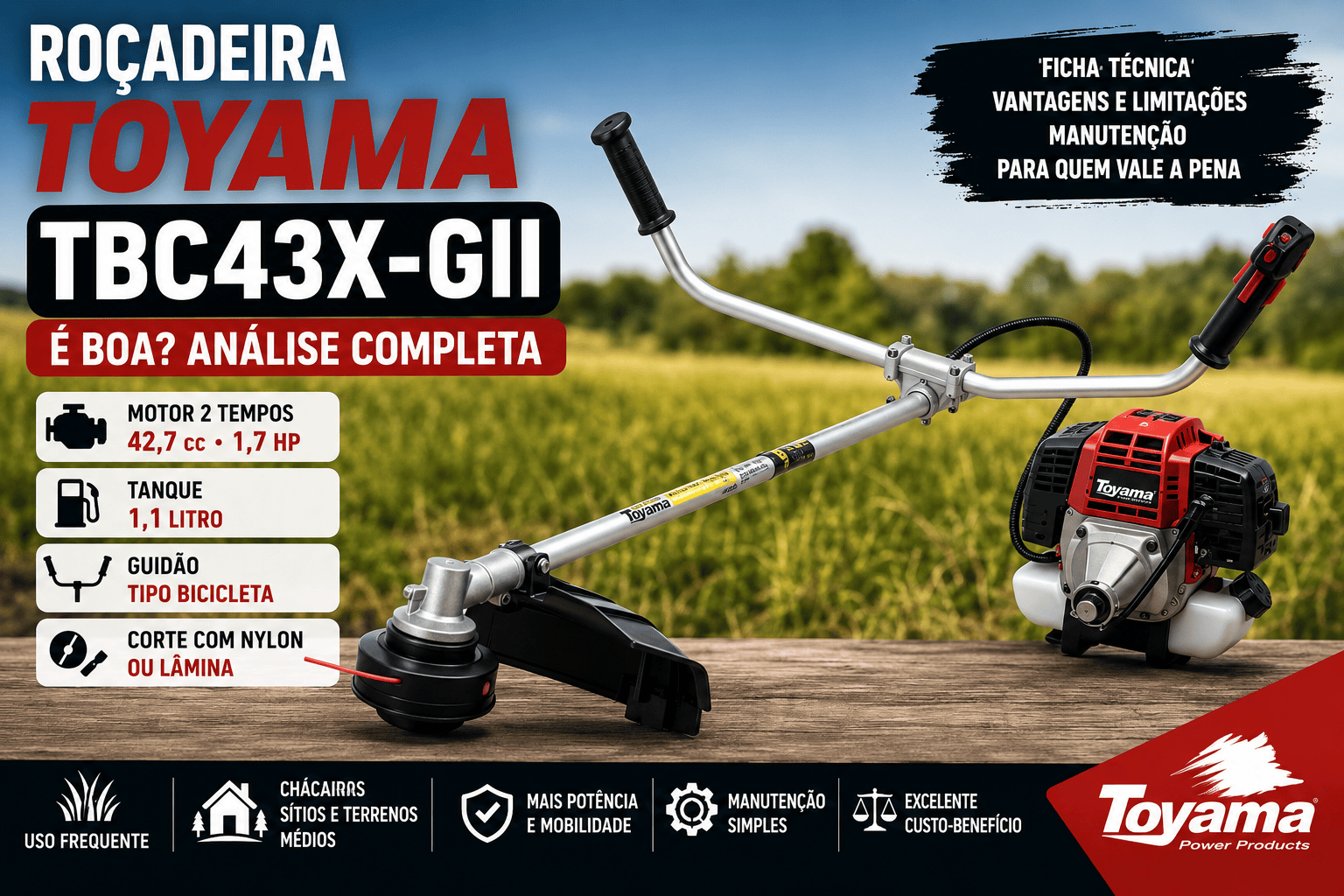 Roçadeira Toyama TBC43X-GII com motor 2 tempos de 42,7 cc, potência de 1,7 HP, guidão tipo bicicleta e corte com nylon ou lâmina.