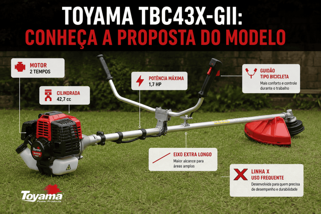 Roçadeira Toyama TBC43X-GII com motor 2 tempos de 42,7 cc, potência de 1,7 HP, guidão tipo bicicleta e eixo longo.