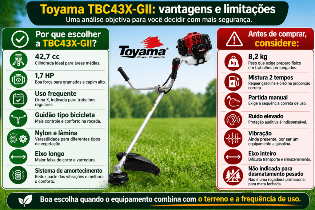 Infográfico com os principais pontos positivos e limitações da Toyama TBC43X-GII, incluindo 42,7 cc, 1,7 HP, peso de 8,2 kg e uso frequente.