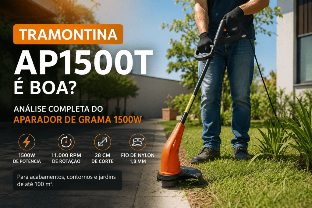 Aparador de grama Tramontina AP1500T 1500W sendo usado no acabamento das bordas de um gramado residencial.