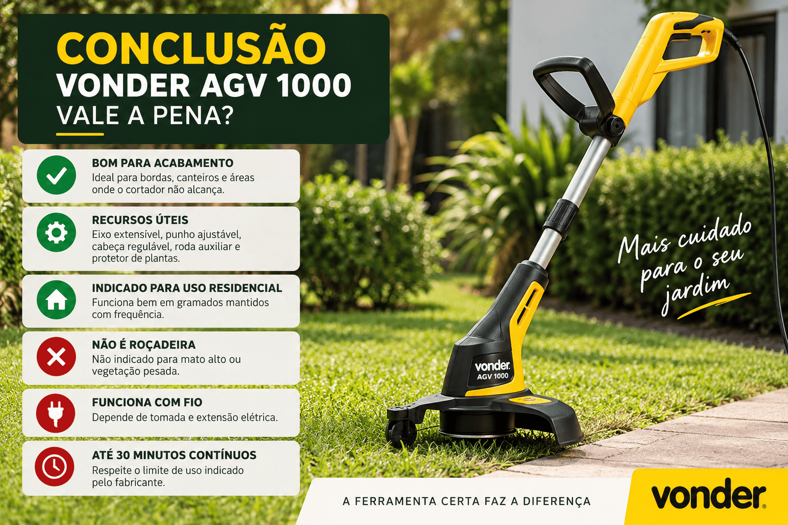 Aparador de grama VONDER AGV 1000 em jardim residencial, com resumo das principais vantagens, limitações e indicação de uso do modelo.